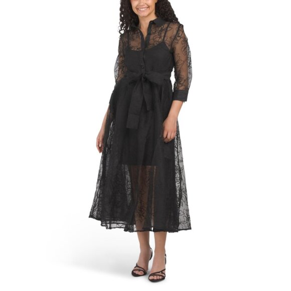 NANCY YANG Black Lace Maxi Shirt Dress